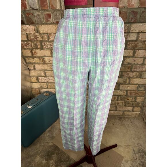 pants searsucker plaid purple green pastel 1980s - Picture 1 of 9